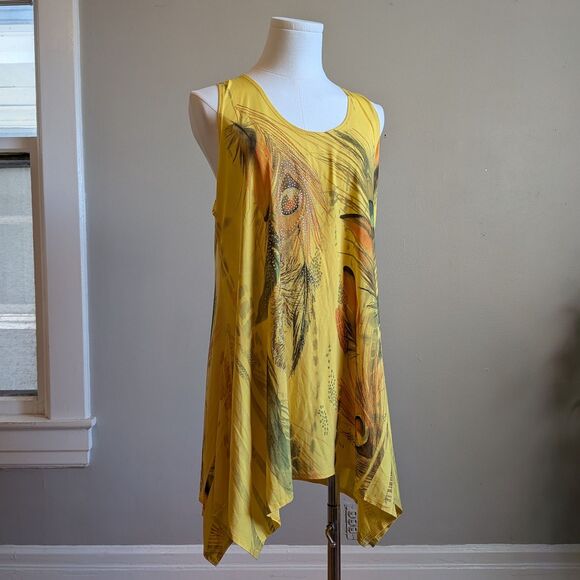 Vintage Y2K Jostar Sleeveless Top Yellow Rhinestone Peacock Feather Size M - Picture 2 of 9